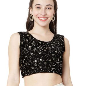 Black sleeveless embroidered crop top for women